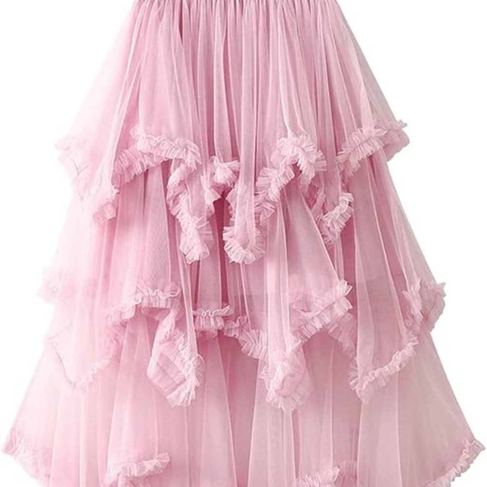Pink tulle Sheer Midi Skirt